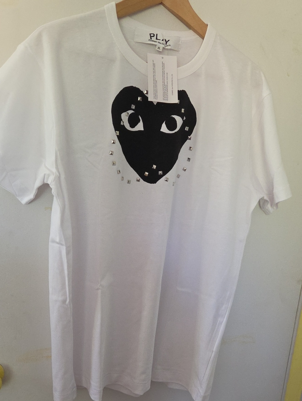 Comme des Garcons PLAY White Tee with Black Heart Graphic and Studs
